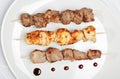 Chicken, pork and veal kebab on white plate Royalty Free Stock Photo