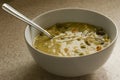 Chicken pot pie soup on kitchen counter