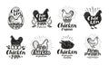 Chicken, poultry farm label set. Food, meat, egg icons or logos. Lettering vector illustration Royalty Free Stock Photo