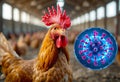 A chicken in a poultry farm with a digital representation of the bird flu virus, indicating the health concerns in agriculture Royalty Free Stock Photo