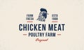 Chicken, poultry logo, poster with grunge texture. Royalty Free Stock Photo