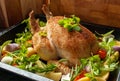 Chicken prepared for roasting with vegetables Royalty Free Stock Photo