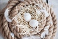 Easter, eggs, chicken eggs, quail eggs, eggs, rope, nest, white, feathers,in the hay Royalty Free Stock Photo