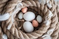 Easter, eggs, chicken eggs, quail eggs, eggs, rope, nest, white, feathers Royalty Free Stock Photo