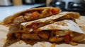 chicken quesadilla close-up on kitchen table Royalty Free Stock Photo