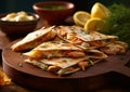 Chicken quesadillas with cheese and dip sauce on table.Macro.AI Generative