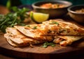 Chicken quesadillas with cheese and dip sauce on table.Macro.AI Generative