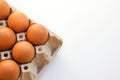 Chicken raw eggs in paper egg panel or in an egg stall on white background Royalty Free Stock Photo