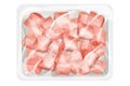 Chicken raw fillet slices in plastic tray, package with poultry in cartoon style isolated on white background. Broiler