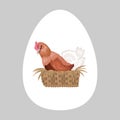 The chicken in realistic style is sitting in the nest. The hen is incubating eggs. Chicken in a basket.