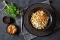 Chicken Rice Casserole in black bowl, top view Royalty Free Stock Photo