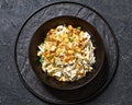 Chicken Rice Casserole in black bowl, top view Royalty Free Stock Photo