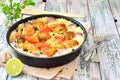 Chicken with rice and vegetables in a frying pan spices