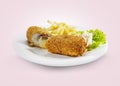 Chicken risol filled with bacon or smoked beef and mayonnaise, served with french fries and salad