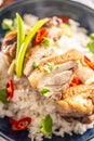 Chicken roasted with a skin on, cut to pieces, served with rice, chilli and parsley