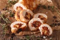 Chicken roll stuffed with cheese and sun-dried tomatoes close-up. Horizontal Royalty Free Stock Photo