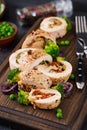 Chicken roll with stuffed sun-dried tomatoes and cheese. Royalty Free Stock Photo