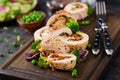 Chicken roll with stuffed sun-dried tomatoes and cheese. Royalty Free Stock Photo