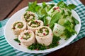 Chicken rolls with greens and fresh vegetable salad