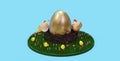 Chicken and rooster are sitting by the big golden egg Royalty Free Stock Photo