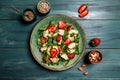 Chicken salad with arugula avocado and strawberries. Plate with a keto diet food. Top view Royalty Free Stock Photo