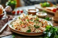 Chicken salad with shredded chicken meat and vegetables. Generative AI
