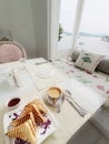 Chicken sandwich with coffee served on a near and clean table of a hotel Royalty Free Stock Photo