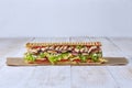 Chicken sandwich, pizza dough stuffed sandwich loaded with Chicken, cheese and vegetables, Side view Royalty Free Stock Photo