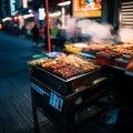 Chicken satay grilled on grill plate with smoke. Asian street food on local market