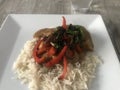 Chicken satay with mixed vegetables and basmati rice