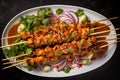 Chicken satay with sesame seeds and vegetables on black background