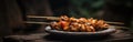 Chicken Satay On Stone Rustic Pub Wide Panoramic. Generative AI