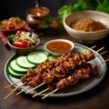 Chicken sate with peanut sauce and other condiment Generative AIv Royalty Free Stock Photo