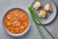 Chicken and Sausage Gumbo soup in gray bowl on concrete backdrop. Gumbo is louisiana cajun cuisine soup with roux. American USA Royalty Free Stock Photo