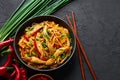 Chicken Schezwan Noodles or Hakka or Chow Mein in black bowl at dark background. Schezwan Noodles is indo-chinese cuisine hot dish Royalty Free Stock Photo