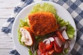 Chicken schnitzel cordon bleu and a salad close-up. Horizontal t