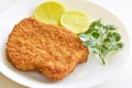 Chicken schnitzel with coriander and lime on a white plate.