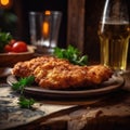 Chicken Schnitzel On Stone In Rustic Pub. Generative AI Royalty Free Stock Photo