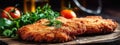 Chicken Schnitzel On Stone Rustic Pub Wide Panoramic. Generative AI Royalty Free Stock Photo