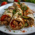 Chicken Shaverma, Doner Kebab with Vegetables on a White Plate Close Up, Wheat Tortillas Stuffed Royalty Free Stock Photo