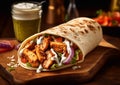 Chicken shawarma doner kebab on chopping board.Macro.AI Generative