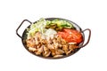 Chicken Shawarma Doner kebab on a plate with french fries, vegetables and salad. Isolated on white background. Royalty Free Stock Photo