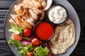Chicken shawarma with hummus, vegetables and sauce serving on a plate close-up. horizontal top view