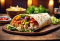 Chicken shawarma in lavash on a wooden table