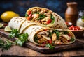 Chicken shawarma in lavash on a wooden table
