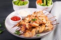 Chicken shish kebab. Shashlik - grilled meat and fresh vegetablesChicken shish kebab. Shashlik - grilled meat Royalty Free Stock Photo