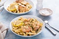 Chicken and shrimp piccatta with penne pasta Royalty Free Stock Photo