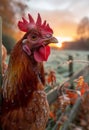 Chicken sits on fence at sunset Royalty Free Stock Photo