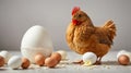A chicken sits near an egg shell on a white. Isolated, character Royalty Free Stock Photo