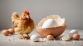 A chicken sits near an egg shell on a white. Isolated, character Royalty Free Stock Photo